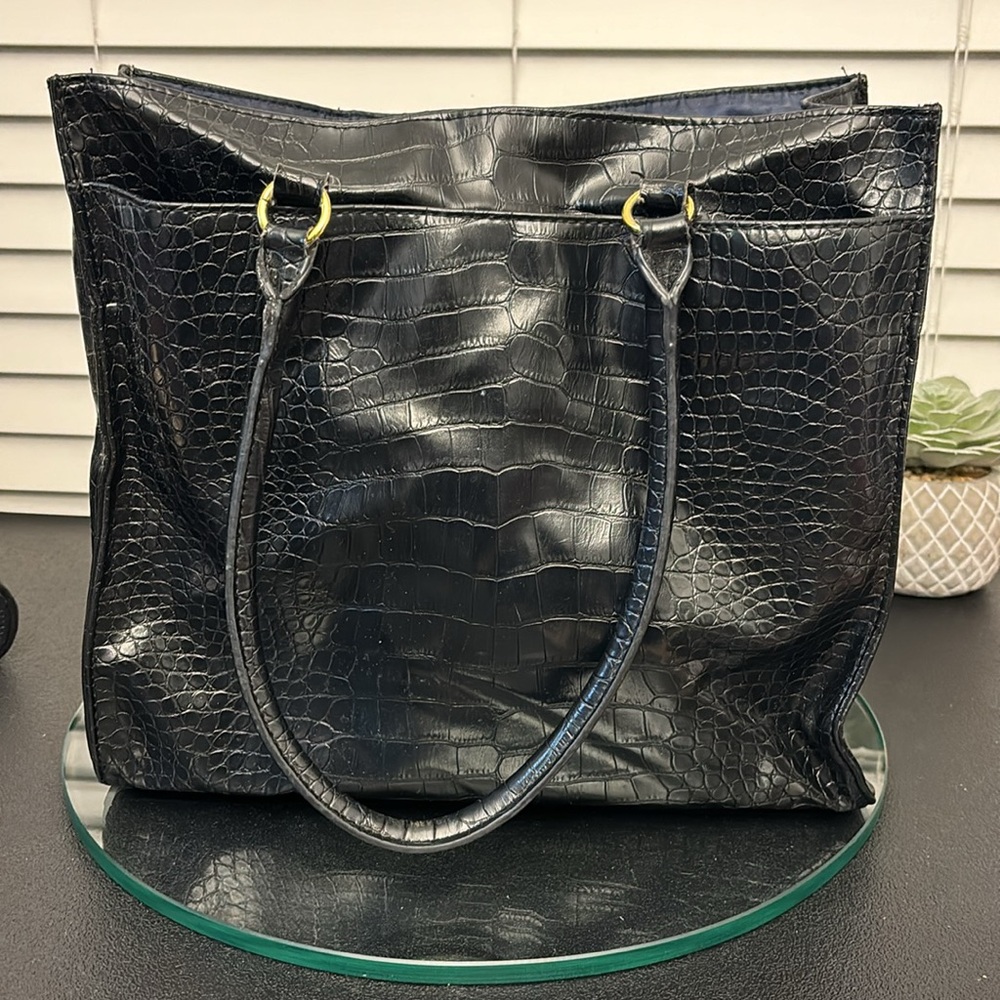 Tommy Hilfiger Black Crocodile-Embossed Open Tote Bag Gold Hardware - Picture 4 of 10